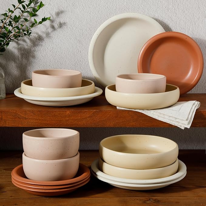 Bloomhouse - Two Time Oprah's Favorite Things Winner - Corsica Clay 16 Piece Stoneware Rustic Reactive Glaze Dinnerware Set - Stackable Plates and Bowls Set. Service for 4 - Matte Assorted Colors