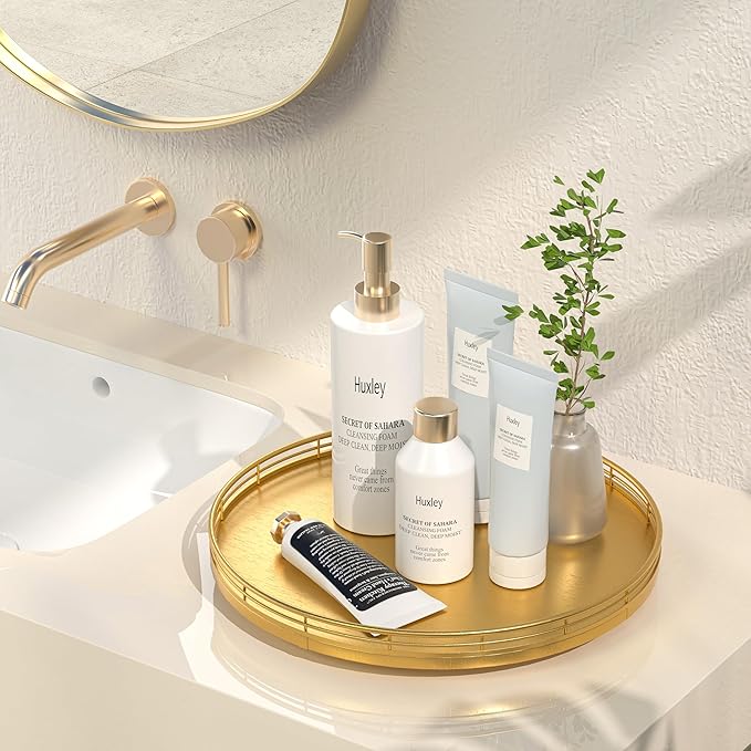 13" Gold Lazy Susan for Table Top, Oak Wood Lazy Susan Turntable Organizer for Dining Coffee Table Centerpiece Bar Decor Kitchen Countertop Bathroom Vanity Decorative Tray for Perfume Jewelry Round