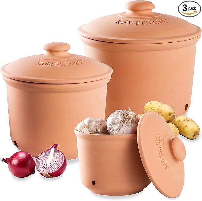 Romertopf Freshness Storage Potato Onion Garlic Clay Pot Set of 3 with Lids - Terracotta