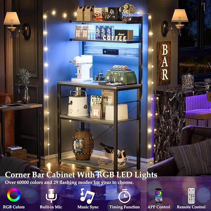 Aheaplus Bakers Rack with Power Outlet, Microwave Stand, 5 Tiers Coffee Bar Station with Led Lights, Kitchen Storage Shelf with 6 S-Shaped Hooks, Kitchen Rack for Spices, Pots and Pans, White Oak