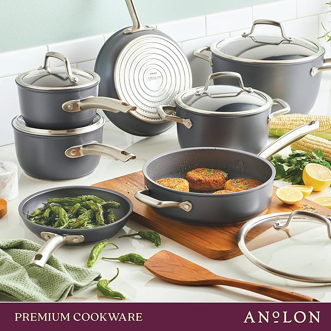 Anolon Accolade Forged Hard Anodized Nonstick Pots & Pans - Induction Cookware Set - 12 Piece - Moonstone Gray