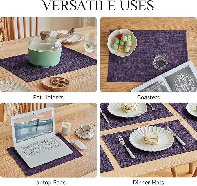 Softalker Faux Linen Placemats Set of 6-12 x 18 Inch, Heat Resistant Double Layered Durable Burlap Farmhouse Place Mats, Non-Slip Washable Rustic Table Mats for Dining, Kitchen, Party（Purple