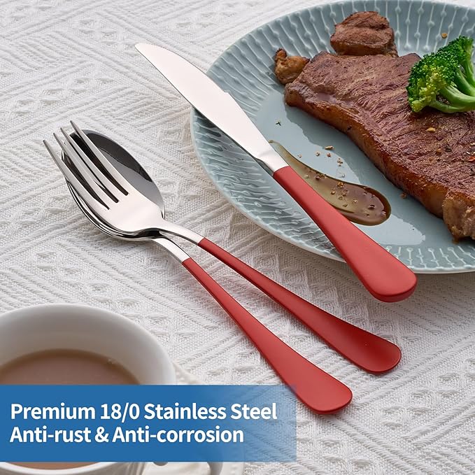 20-Piece Red Silverware Set, 18/0 Stainless Steel Red Handle Flatware Set, Service for 4, Modern Cutlery Set Includes Dinner Knives Forks Spoons, Mirror Polished, Dishwasher Safe