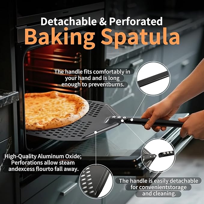 Pizza Peel, 12 Inch Non-Stick Pizza Paddle, Detachable Aluminum Paddle with Non-Slip Comfort Handle, Perfect Baking and Easy Pizza Handling in Kitchen