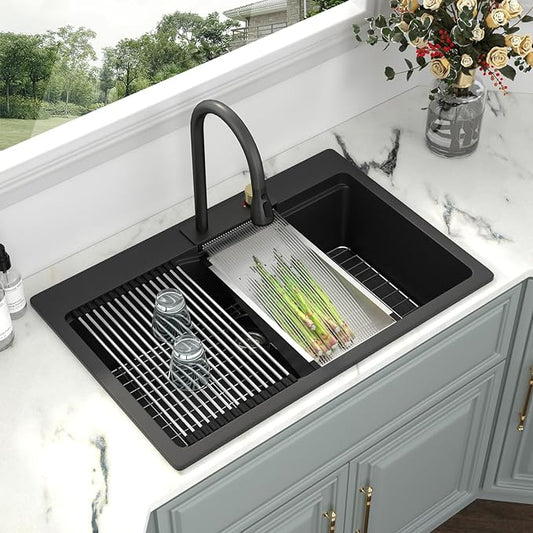 Kichae 33 Kitchen Sink Drop In Waterfall - 33"x22" Black Granite Quartz Composite Smart Single Bowl Waterfall Workstation with Pull Down Faucet Combo