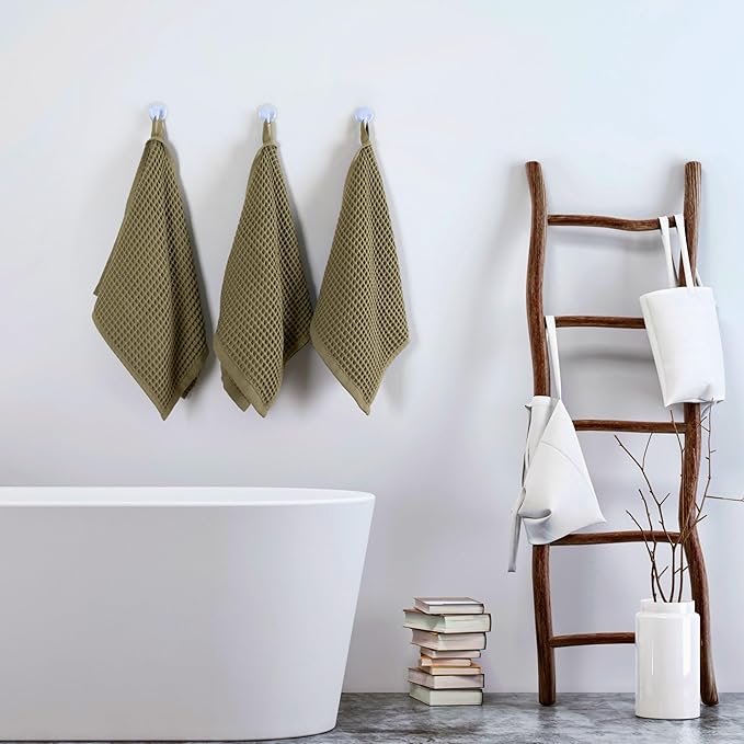 PÜSKÜL Organic Waffle Kitchen Towel 100% Turkish Cotton Set of 3 Khakie Green - Premium Quality, Soft, Quick-Dry, Absorbent, Lint-Free Hand Towels 32X16 Inches (3, Khaki Green)