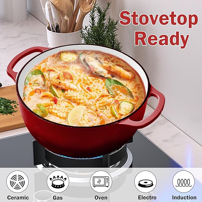 Vivicreate 6 Quart Enamel Cast Iron Dutch Oven Pot with Lid – Enameled Cookware for Baking, Roasting, and Braising – Durable Cast Iron Pot for Stove Top and Oven Use Red color (Red)