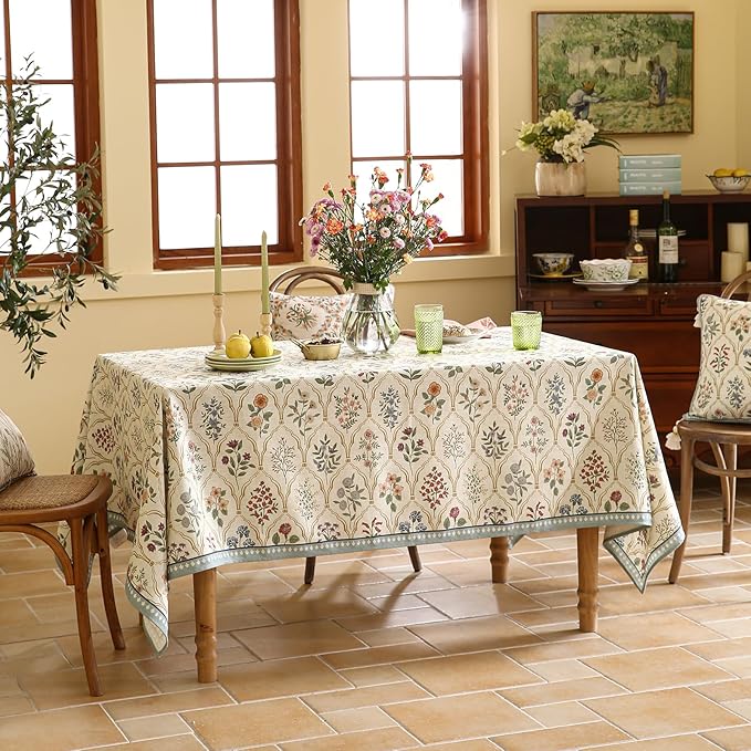 Floral Tablecloth for Rectangular Tables,Linen Table Cloth with Colorful Flowers Pattern,Heavy Durable Table Cover for Dining Thanksgiving Kitchen Decor Party Banquet Christmas,55"*87"