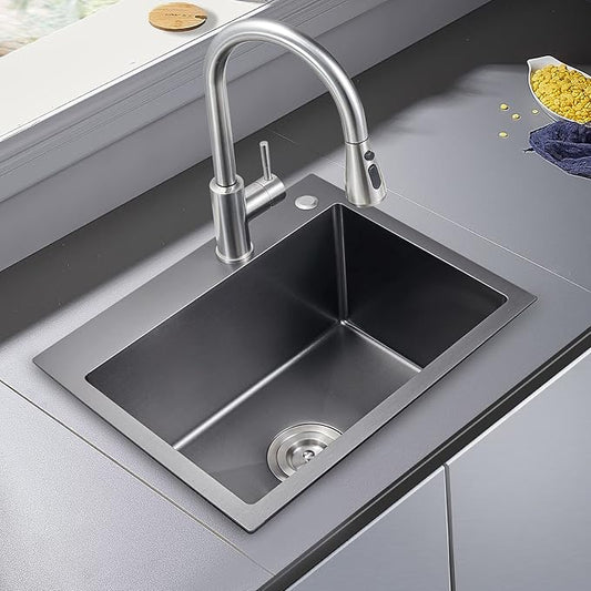 20 × 16 inch Drop-in Kitchen Sink Black, Top-mount Stainless Steel Kitchen Sink Single Bowl, Overmount Kitchen Bar Sink Single Basin