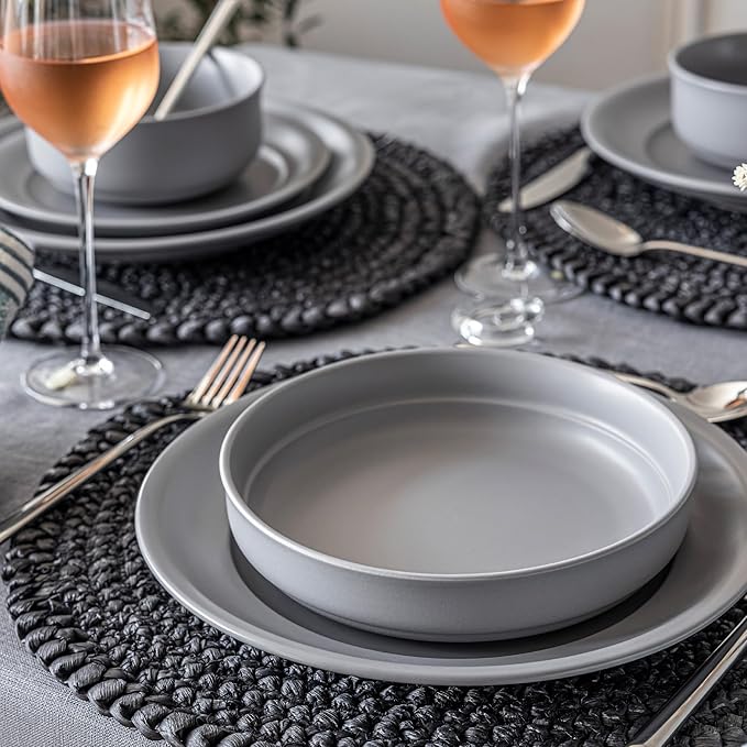 over&back Rim Dinnerware Set - Stoneware Dishes - Comes with 4 Dinner Plates, Salad Plates, Cereal Bowls, and Dinner Bowls - 16-Piece All-Occasion Place Settings - Serves Four - Semi-Matte Charcoal