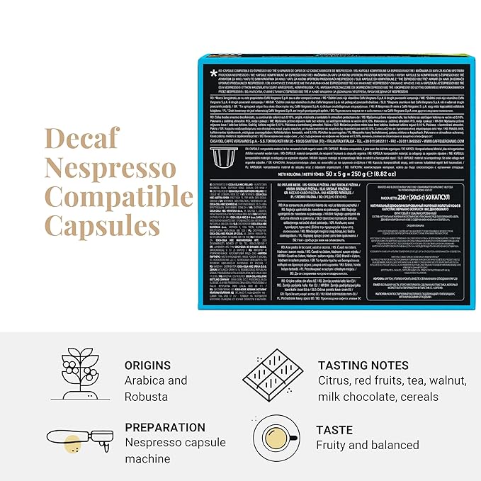 Caffe' Vergnano 1882 Decaf Medium Roast Espresso Original Line Machine Compatible Capsules, Arabica Robusta Espresso Coffee, Italian Coffee for Nespresso Machines, Intensity 5/10, Decaffeinato, 50 Ct