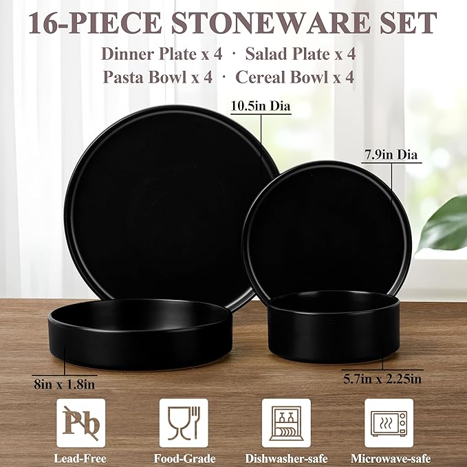Herogo Dinnerware Sets with Pasta Bowls for 4, 16 Piece Dinner Salad Plates and Cereal Serving Bowls, Stoneware Dishes Dinner Ware for Home Kitchen, Chip & Scratch Resistant, Matte Black