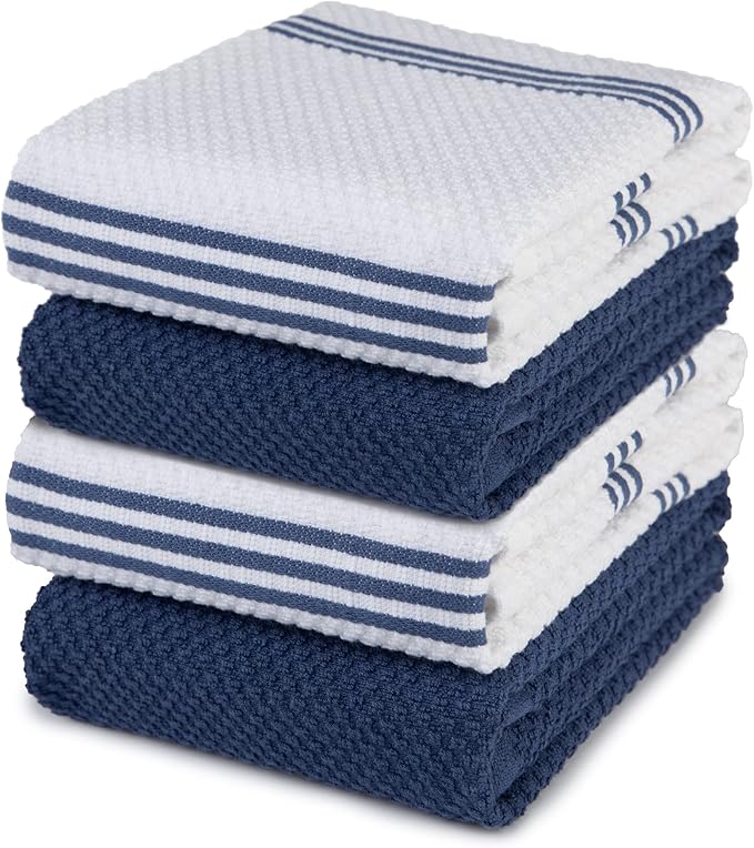Sticky Toffee Cotton Kitchen Towels Set of 4 – 28x16 in Dark Blue and White Dish Towels, Reusable and Absorbent Tea Towels for Cleaning or Drying, Oeko-Tex Cotton