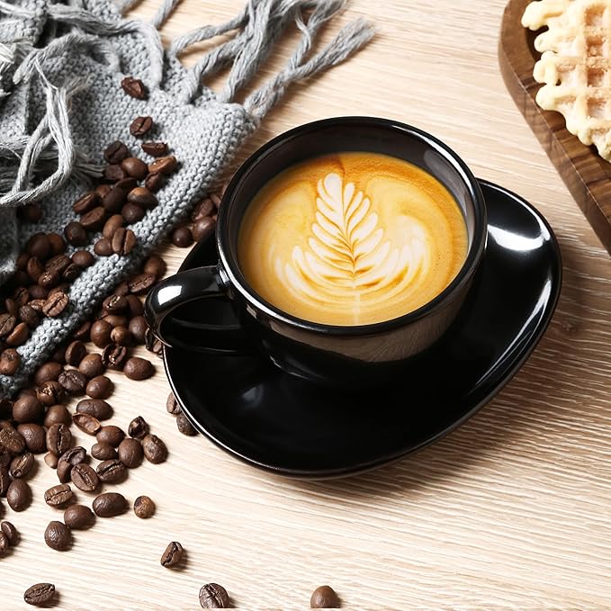 vicrays 6.5 oz Cappuccino Cups with Saucers, Set of 4, Ceramic Coffee Cup for Au Lait, Double shot, Latte, Cafe Mocha, Tea (Black)