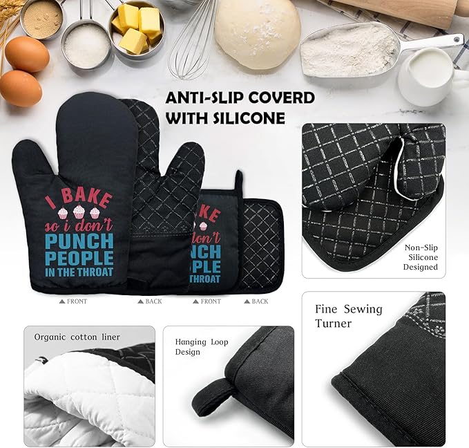 ZHANTUONE I Bake So I Don't Punch People in The Throat Funny Heat Resistant Oven Mitts and Pot Holders Set with Silicone Non-Slip, Women Bakers Cooking Baking Gadgets, Gifts for Chef Hostess Mom