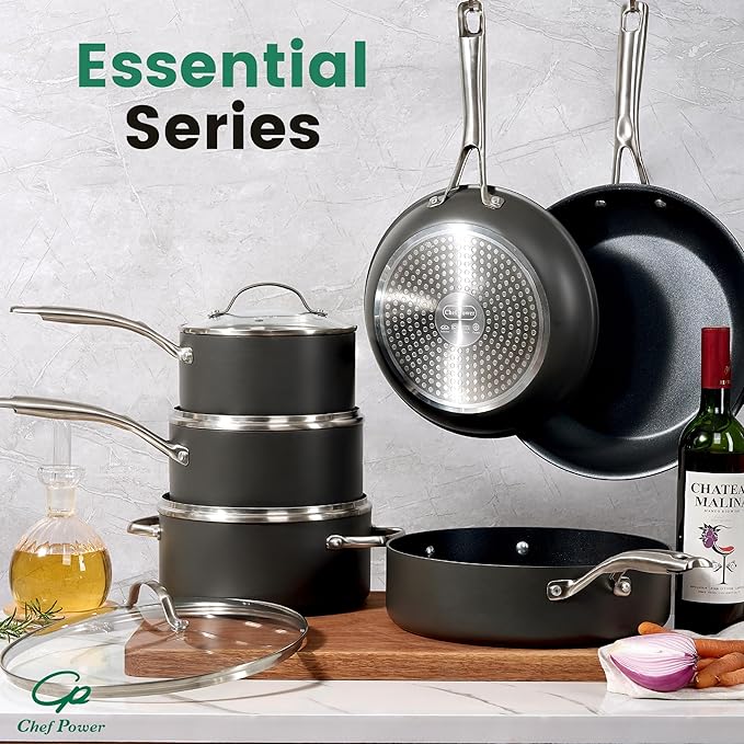Chef Power Hard Anodized Nonstick Cookware Sets 10 Piece with Stainless Steel Handle, Pots and Pans Set Non Stick, Kitchen Induction Cooking Sets, Dishwasher Safe, Oven Safe, Essential