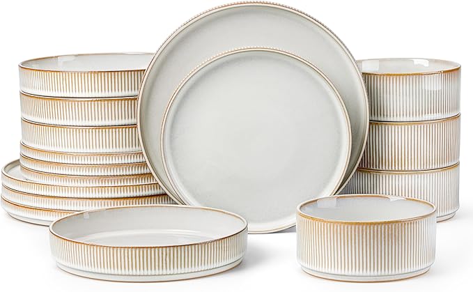 LIANYU Stoneware Dinnerware Sets with Pasta Bowls, 16 Piece Plates and Bowls Dishes Set for 4, Ribbed Dining Ware Dishware for Home, Microwave and Dishwasher Safe, Dawn Beige