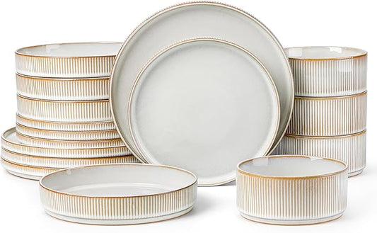 LIANYU Stoneware Dinnerware Sets with Pasta Bowls, 16 Piece Plates and Bowls Dishes Set for 4, Ribbed Dining Ware Dishware for Home, Microwave and Dishwasher Safe, Dawn Beige