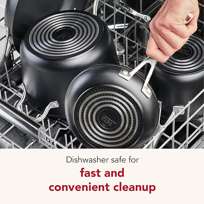 KitchenAid Hard Anodized Induction Nonstick Cookware Saute Pan/Jumbo Cooker with Lid and Helper Handle, Dishwasher Safe, 5 Quart Non Stick Sauteuse with Stainless Steel Handles - Matte Black