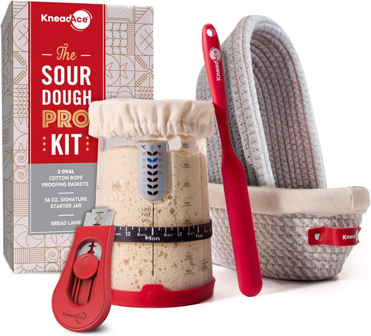 KneadAce Sourdough Starter Kit (PRO 34oz Jar, 2xOval baskets, Red Bread Lame)