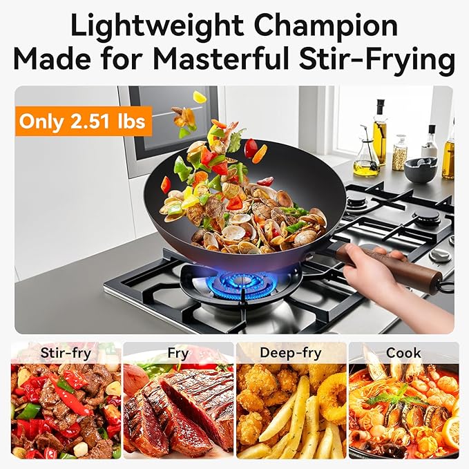 WANGYUANJI 12.6" Pure-Iron Wok with Glass Lid, Flat-Bottom Lightweight Chinese Stir-Fry Pan, Wooden Handle, Uncoated — Induction/Gas/Electric Compatible, Not Pre-Seasoned (Seasoning Required)