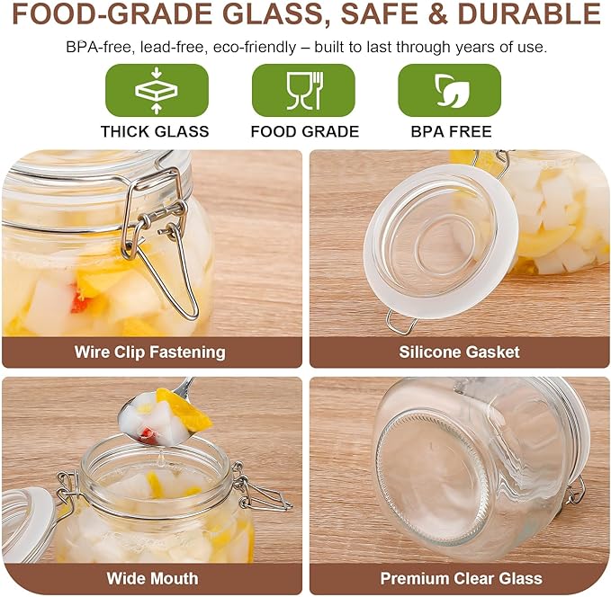 25oz Airtight Glass Jars with Lids, Set of 6 Food Storage Containers & Canisters, Clear Mason Jars with Clamp Seal for Canning, Cereal, Coffee, Pasta, Sugar, Beans & Spices