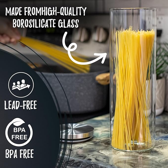 Bacimi® Airtight Borosilicate 3mm thick Glass Storage Containers for Spaghetti, Pasta, Noodles, Linguini, Lasagna, Flour, Cereal, Coffee, Multi Purpose Food Jar, Canisters for Kitchen, Pantry 67oz Ea