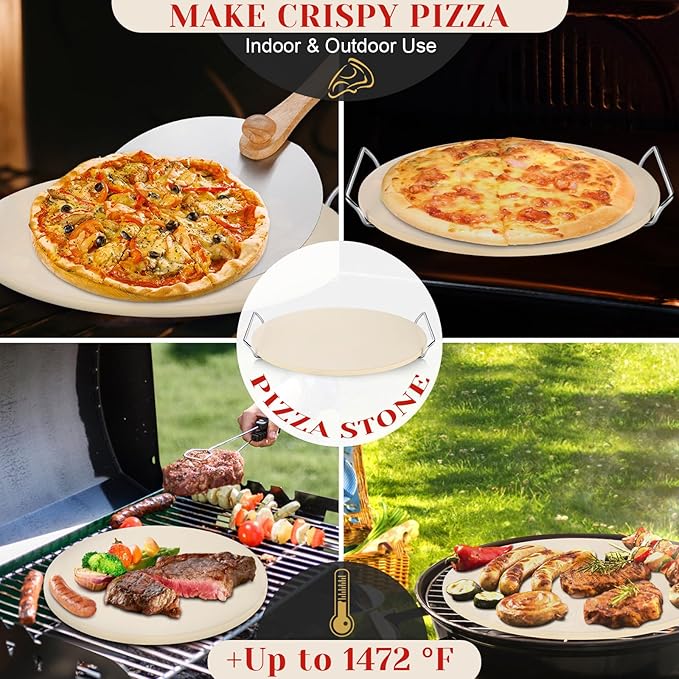 5-Piece Pizza Set: 13-Inch Round Pizza Stone for Oven & Grill with Rack, Cutter, Peel, Pan & Mini Mitts, Baking Stone for Bread