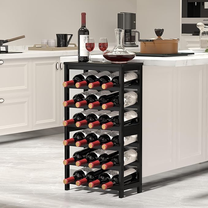 6 Tier Bamboo Wine Rack Freestanding Floor, 24 Bottles Wine Storage Shelves with Table Top, Stackable Wine Display Rack for Kitchen, Bar, Dining Room, Black
