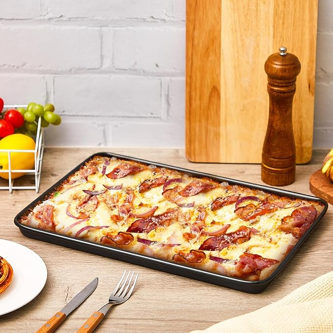 2 Pcs 13.5 Inch Grandma Style Pizza Pan Hard Rectangular Black Non Stick Sicilian Style Carbon Steel Pizza Pan Dish Pre Seasoned Bakeware Kitchenware
