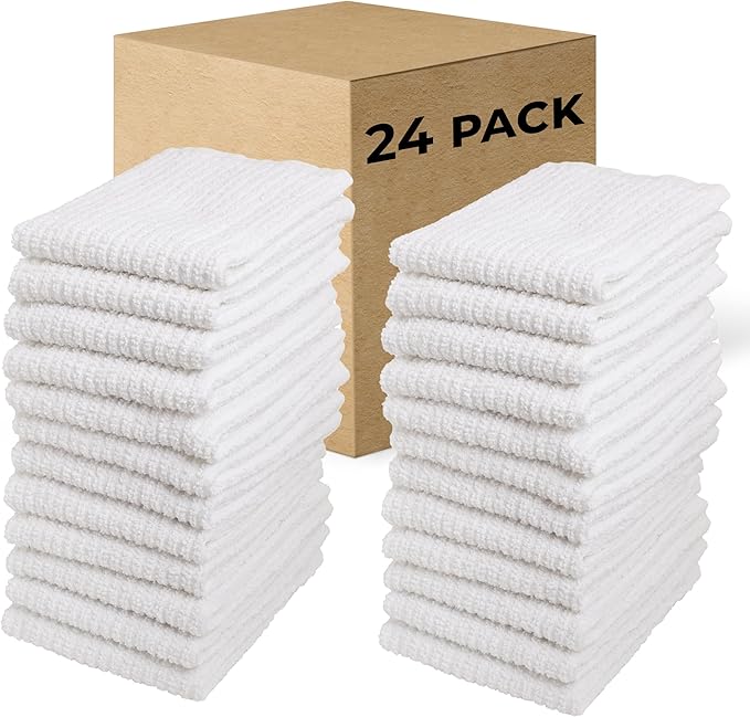 Living Fashions Bar Mop Cleaning Kitchen Dish Cloth Towels 12" x 12", 100% Cotton, Machine Washable, Everyday Kitchen Basic Utility Bar Mop Dishcloth Set of 24, White