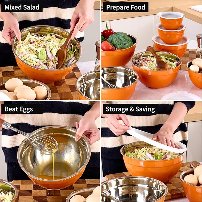 Orange Mixing Bowls with Lids Set of 7, Stainless Steel Nesting Bowl with Khaki Lid for Non-slip Mixing Prepping Storing Serving, 7 Sizes-7/3.6/2.7/2.1/1.5/1/0.8 QT