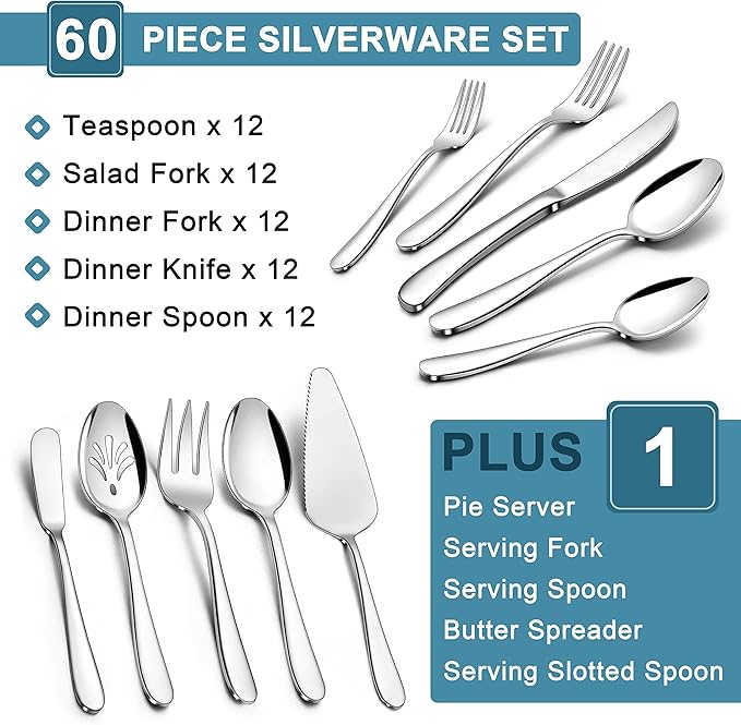 Herogo Heavy Duty Silverware Set with Serving Utensils, 65-Piece Stainless Steel Heavy Weight Modern Flatware Set for 12, Fancy Cutlery for Home Wedding, Dishwasher Safe, Mirror Finished
