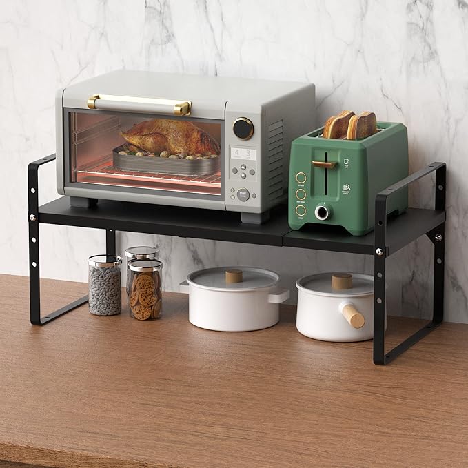 Redrubbit Large Expandable Cabinet Shelf Organizers, Stackable Kitchen Counter Shelves Spice Rack for Kitchen Bathroom Pantry Cupboard Desk Home Office, Black-2 Pack