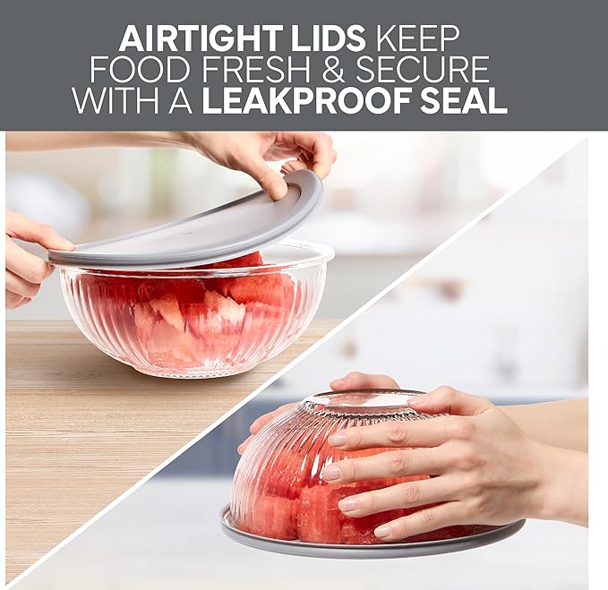 COOK WITH COLOR 12 Pc Glass Mixing Bowl Set with Lids – Borosilicate Glass Nesting Bowls for Cooking, Baking and Meal Prep, Fluted Grey