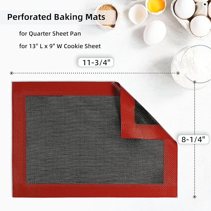 Perforated Silicone Baking Mats for Quarter Sheet, 2 Pcs Non-Stick Eclair Baking Mats for 9x13 Cookie Sheet, Reusable Baking Sheet Liners Compatible with Nordic Ware Naturals Quarter Sheet