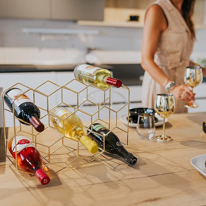 Gusto Nostro Countertop Wine Rack - 14 Bottle Freestanding Modern Gold Metal Small Wine Rack - 3 Tier Tabletop Wine Holder Stand for Cabinet, Pantry, Wine Bottle Storage - No Assembly Required