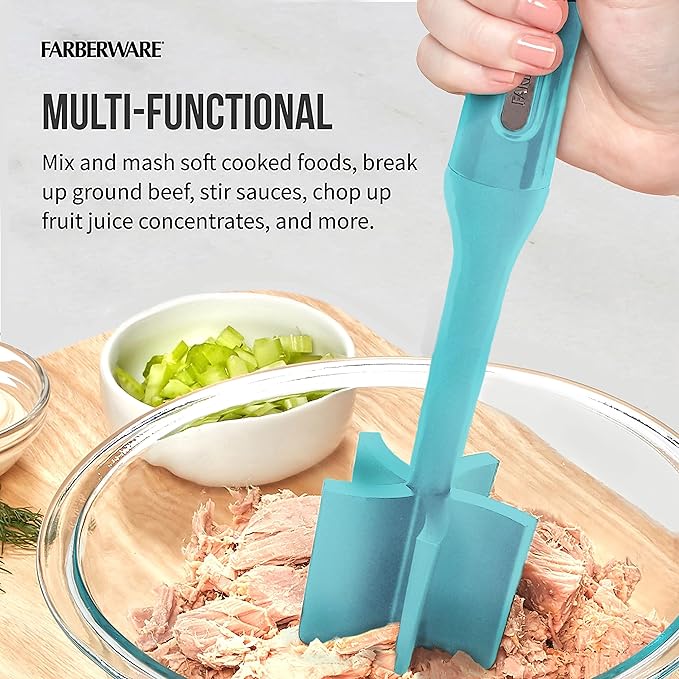 Farberware Heat Resistant Nylon Meat and Potato Masher, Safe for Non-Stick Cookware, Aqua Sky