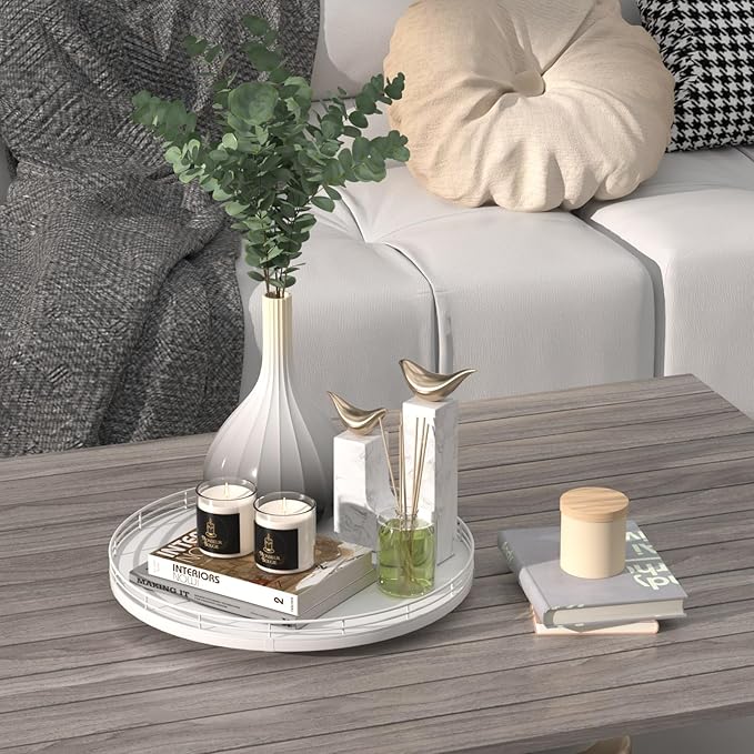 13" Oak Wood Decorative Tray for Home Decor, Tray for Coffee Table Decor Perfume Nightstand Vanity Bathroom Trays for Counter Candle Jewelry Makeup Farmhouse Table Centerpiece for Dining Room White