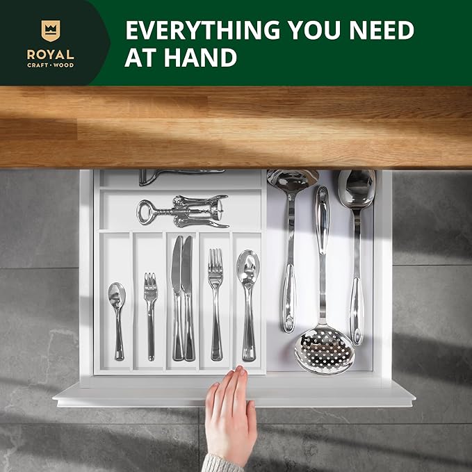 ROYAL CRAFT WOOD Luxury Bamboo Kitchen Drawer Organizer - Silverware Organizer - Utensil Holder and Cutlery Tray with Grooved Drawer Dividers for Flatware and Kitchen Utensils (7 Slot, White)