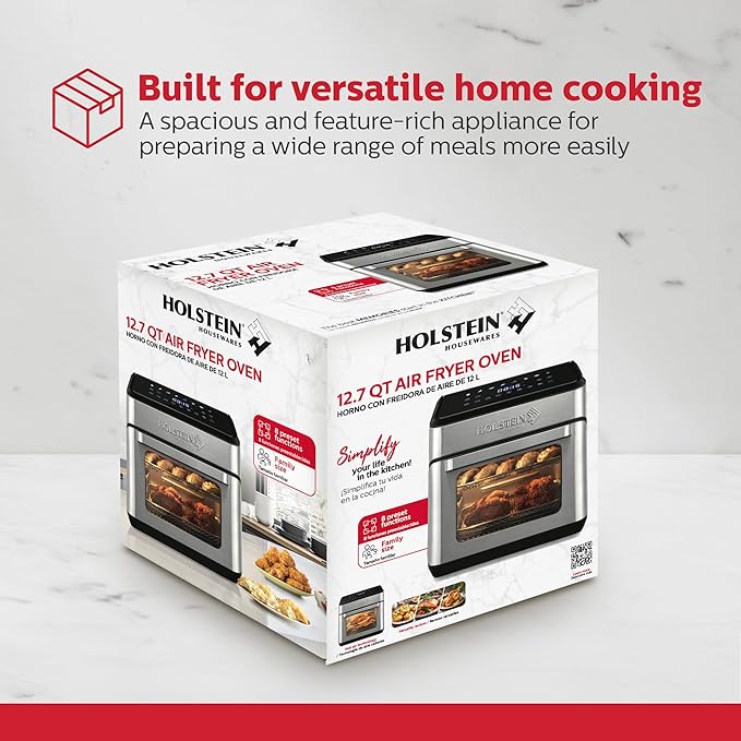 Holstein Housewares 12.7 QT Digital Air Fryer 8-in-1 with Hot Air Technology, Family Size, Viewing Window & Led Display. Air Fry, Bake, Grill, Dehydrate & Roast, Less Oil Use for Healthier Meals