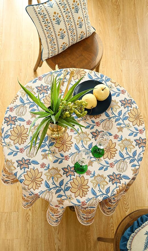 French Tablecloth for Round Tables,Linen Table Cloth with Yellow Flowers Pattern,Heavy Durable Table Cover for Dining Thanksgiving Kitchen Decor Party Christmas,Diameter 55"