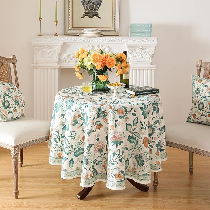 patdrea Designer French Table Cloth for Round Tables,Vintage Italian Floral Tablecloth,Country Summer Linen Tablecloth,Wrinkle Free Table Cover for Kitchen Dining,Christmas,Diameter 55"