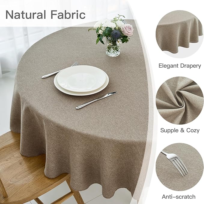 maxmill Round Linen Textured Tablecloth Spill-Proof Stainproof Wrinkle Free Washable Fabric Table Cloth for Circular Table Cover, Dining Room Buffet Banquet Parties Holiday Dinner, 70 Inch Mocha