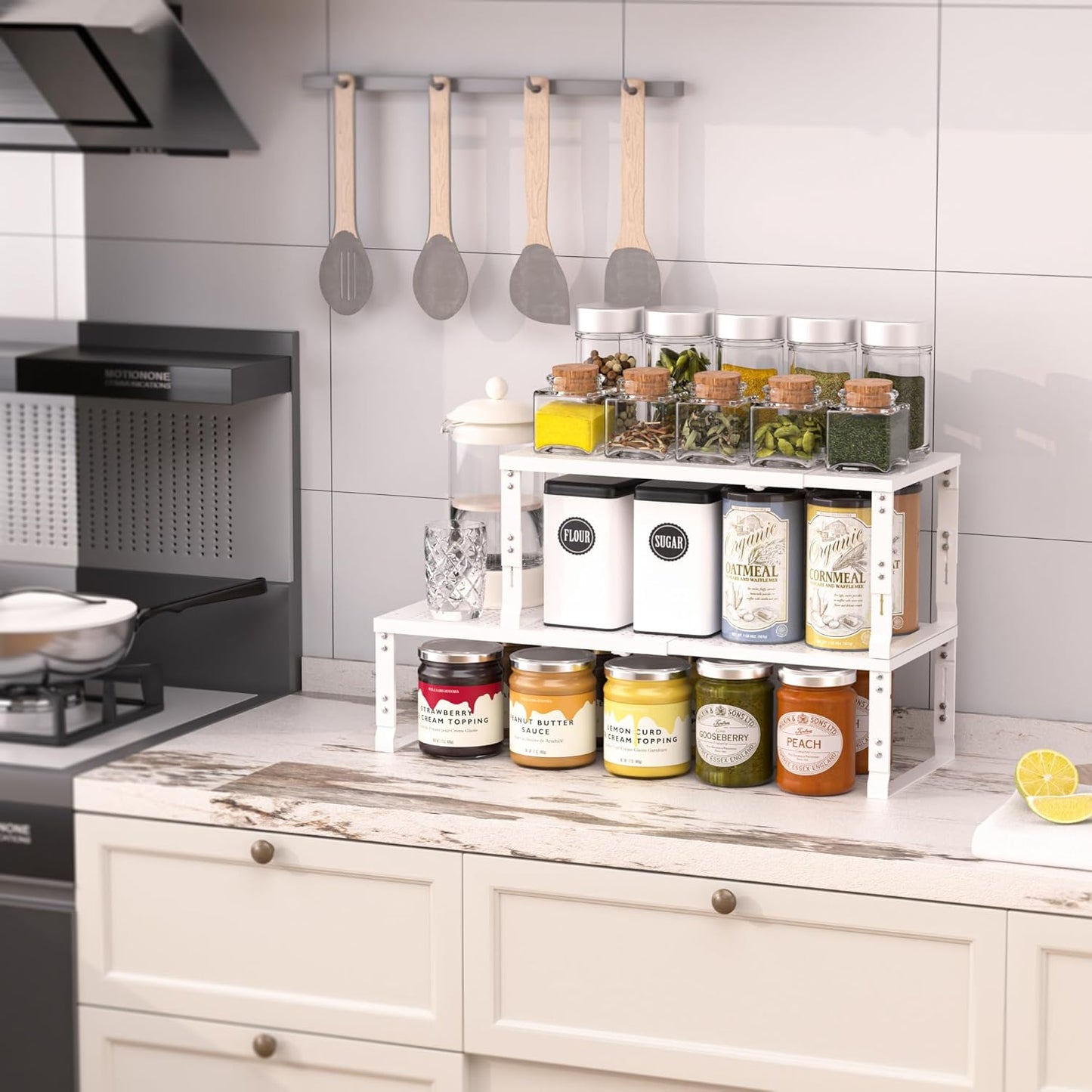 Heavy-Duty Adjustable Metal Shelf Organizer - Expandable & Stackable Pantry Storage Rack for Kitchen, Bathroom, RV, Cabinets(2 Packs/White, Large)