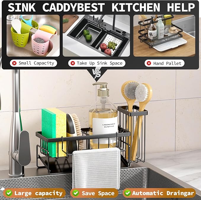 Sponge Holder & Sink Caddy Organizer - Rustproof Kitchen Sink Organizer with High Brush Holder - Kitchen Essentials Countertop Storage Organization (Grey)