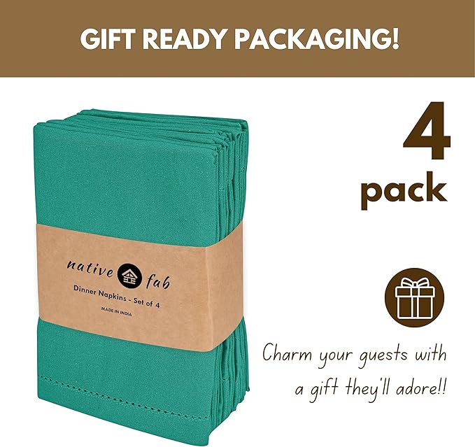 Native Fab Cloth Napkins Set of 4, 100% Cotton, Hemstitch Mitered Edges, Washable Fabric Napkins, 18x18 inch, Soft, Breathable, Reusable Hotel Quality Napkins for Events, Party, Dinner - Royal Green