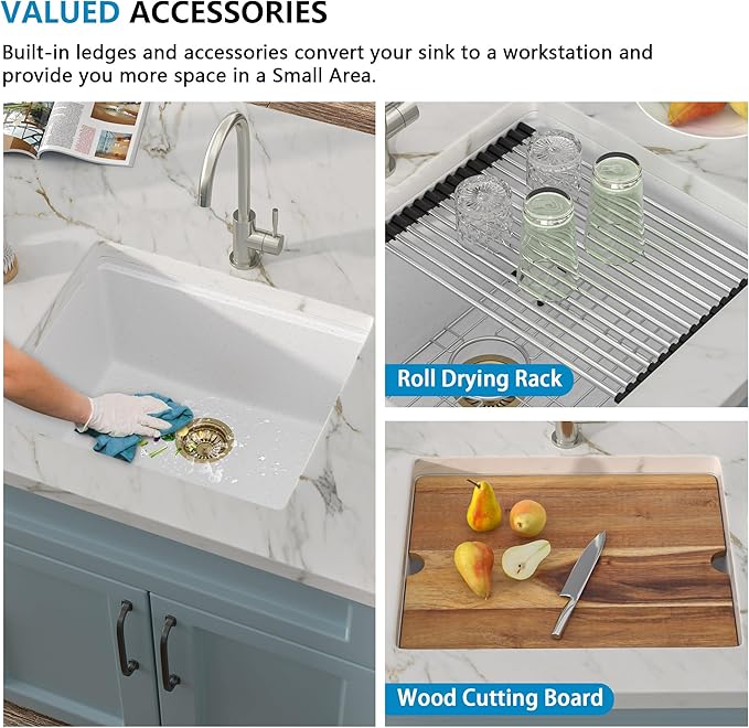 21"x18" Undermount Wet Bar Sink Workstation - White Granite Composite Quartz Classic Single Bowl Under Counter Small Kitchen Bar Prep RV Sink Basin