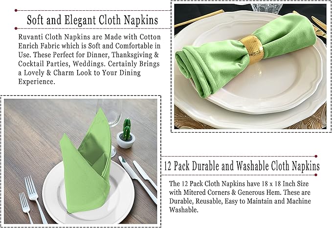 Ruvanti Cloth Napkins Set of 12, 18x18 Inches Napkins Cloth Washable, Soft, Durable, Absorbent, Cotton Blend. Table Dinner Napkins Cloth for Hotel, Lunch, Restaurant, Wedding Parties - Light Green