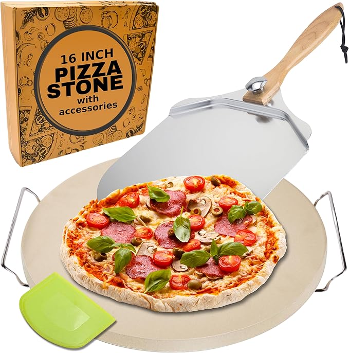 Round Pizza Stone for Oven 16 inch - Large Pizza Stone for Grill with Handles, Metal Pizza Peel & Dough Tool - Baking Stone for Bread - Oven Stones - Pizza Making Set